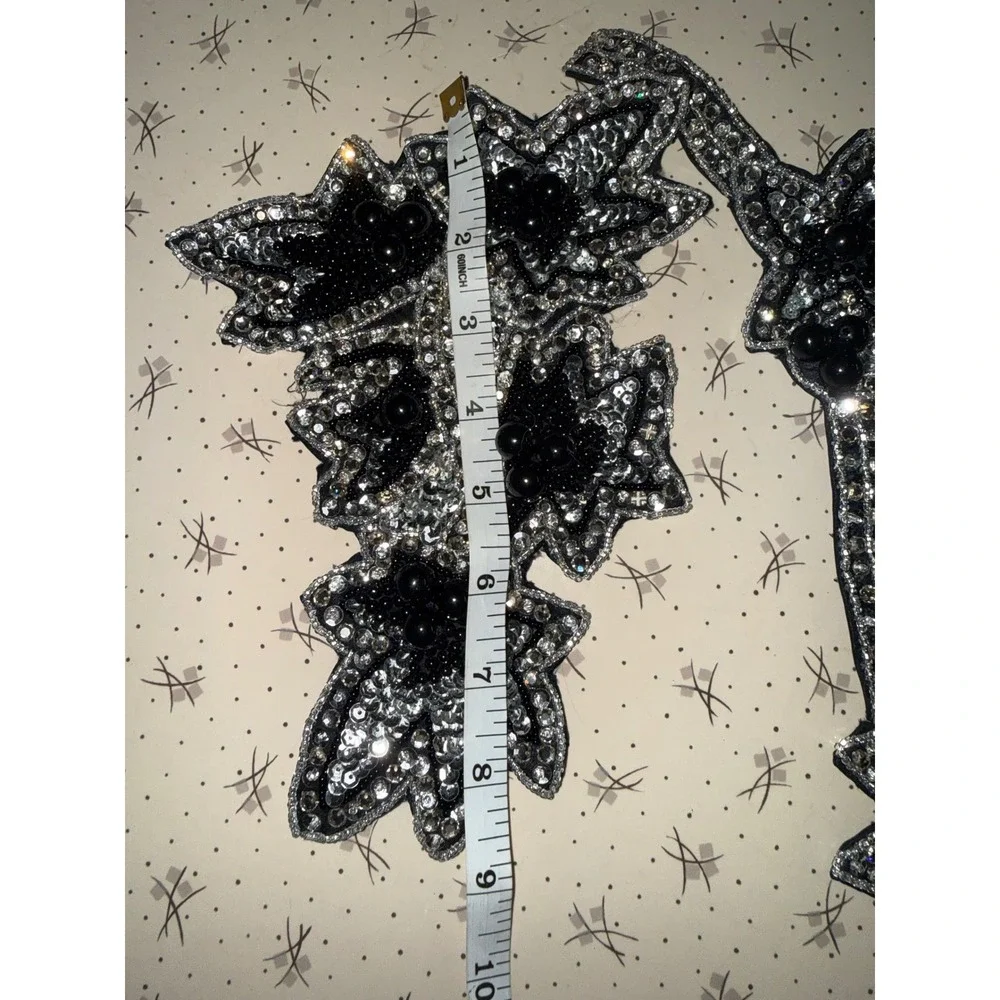 Vintage Black Silver Beaded‎ Sequin Floral Applique Patch Set Rhinestone 2 Piece
